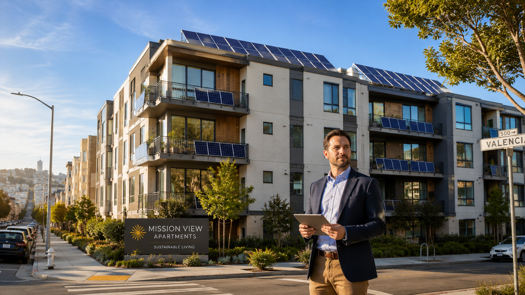 Mission View Apartments — a solar-equipped San Francisco apartment building with a property owner reviewing energy data
