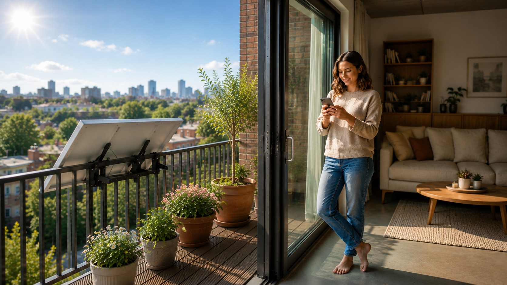 A resident on an apartment balcony with a balcony solar panel, checking her energy on her phone