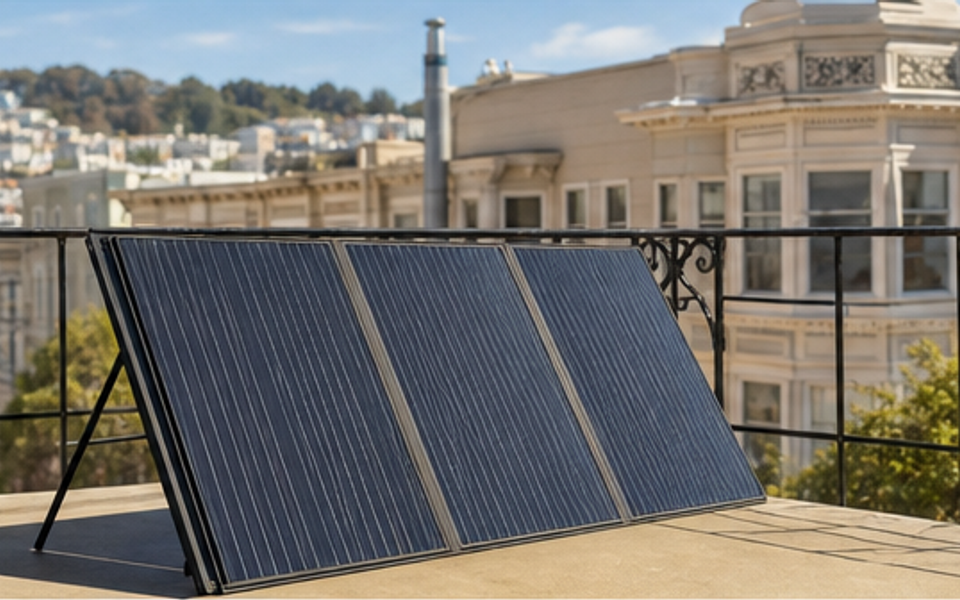 Portable solar panels charging on a sunny Castro apartment balcony