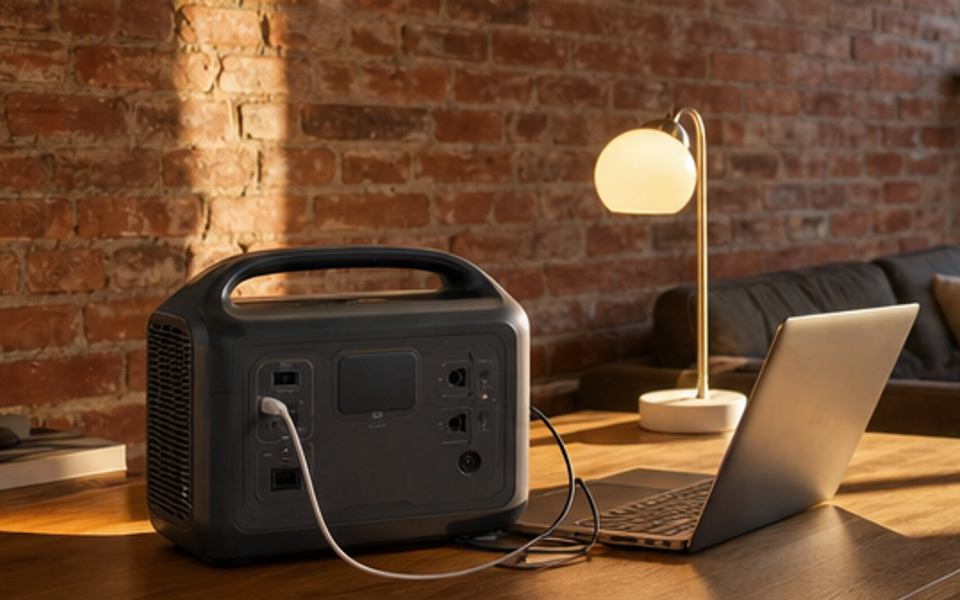 A portable battery powers a laptop and lamp inside a San Francisco loft