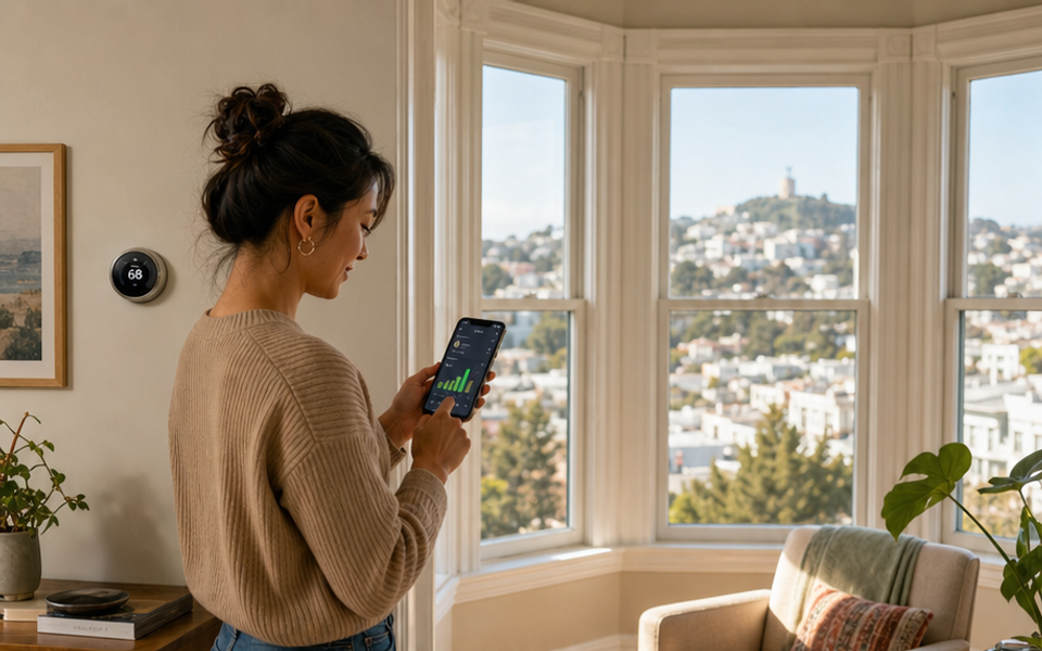 A resident tracks home-energy savings in a sunny Noe Valley apartment