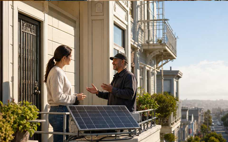 A renter and building manager discuss safe plug-in solar at a San Francisco apartment