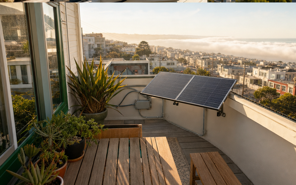 A balcony solar kit overlooks San Francisco's Sunset District
