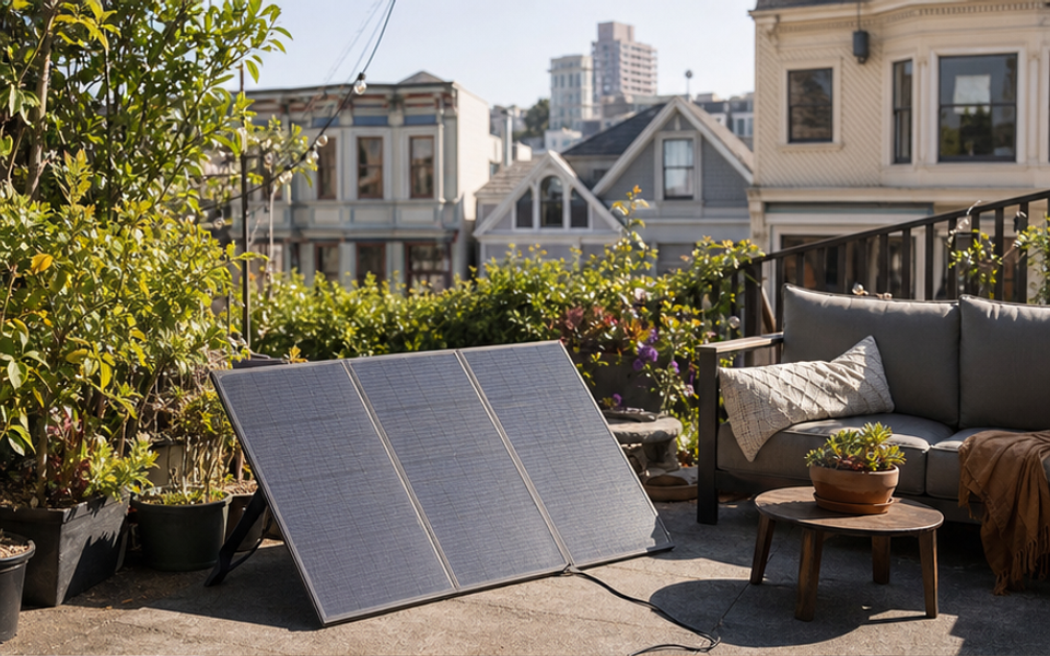 A portable folding solar panel charges on a Hayes Valley patio