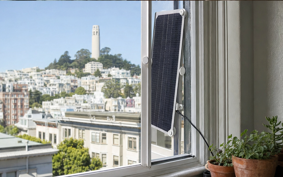 A slim window-mounted solar panel faces Coit Tower in North Beach