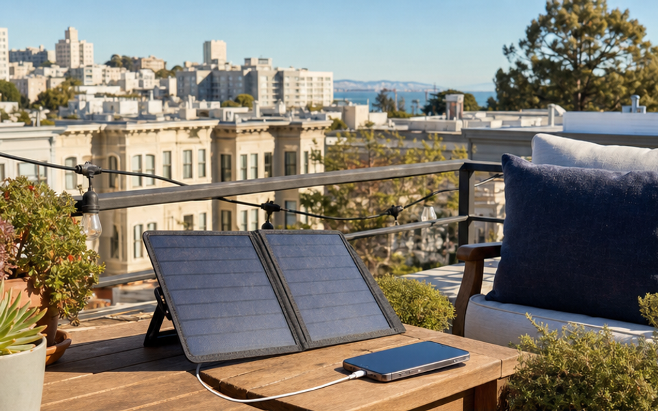 A foldable solar charger powers a phone on a Marina rooftop terrace