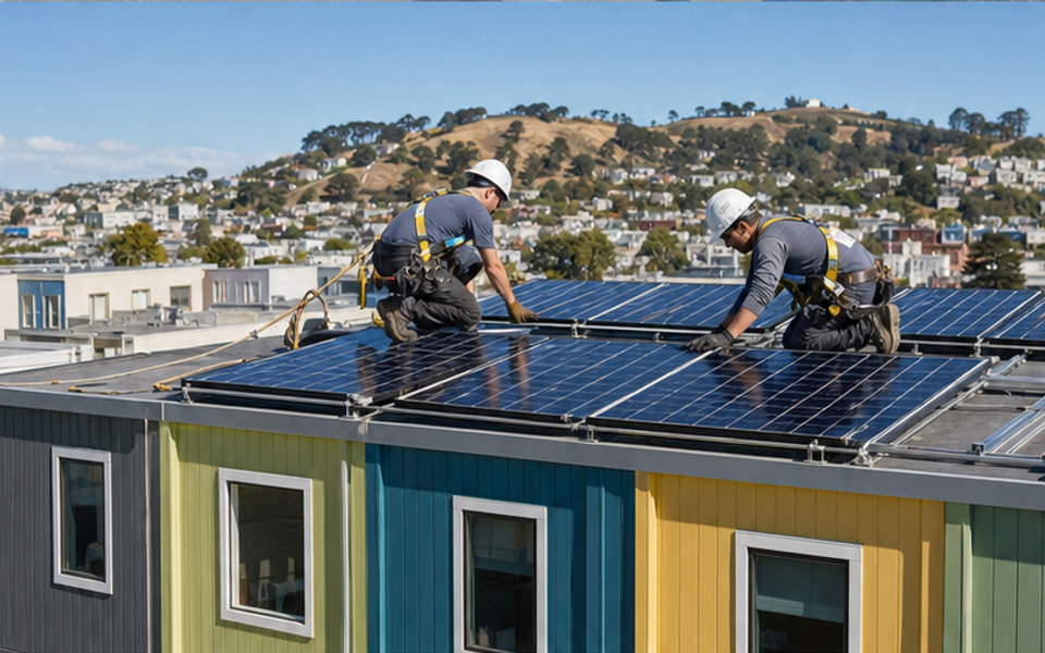 Professional installers place rooftop solar on a colorful Potrero Hill apartment building