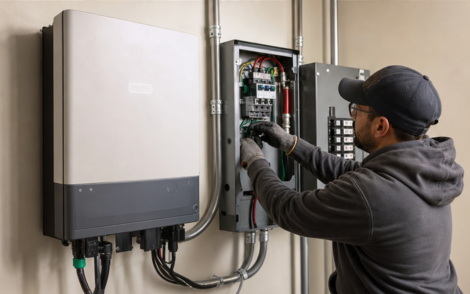 An electrician connects a solar inverter in a San Francisco apartment utility room