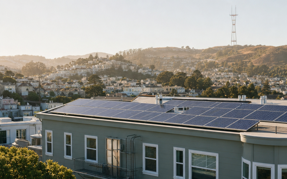 Rooftop panels supply solar power to a Glen Park apartment building