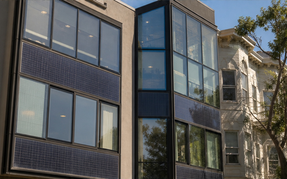 Solar glazing integrated into a contemporary San Francisco apartment facade