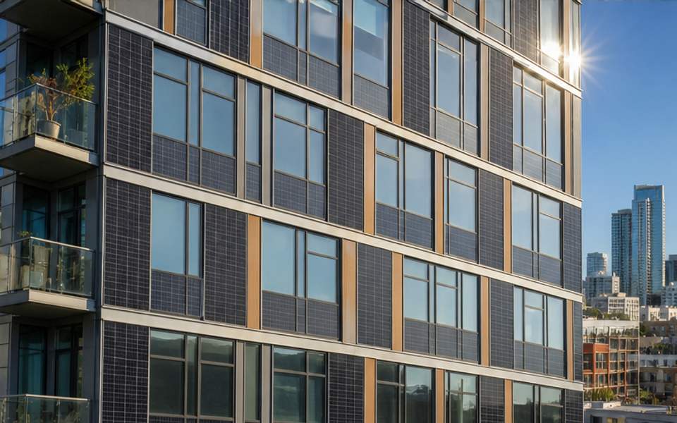 Building-integrated solar covers a modern residential facade in SoMa