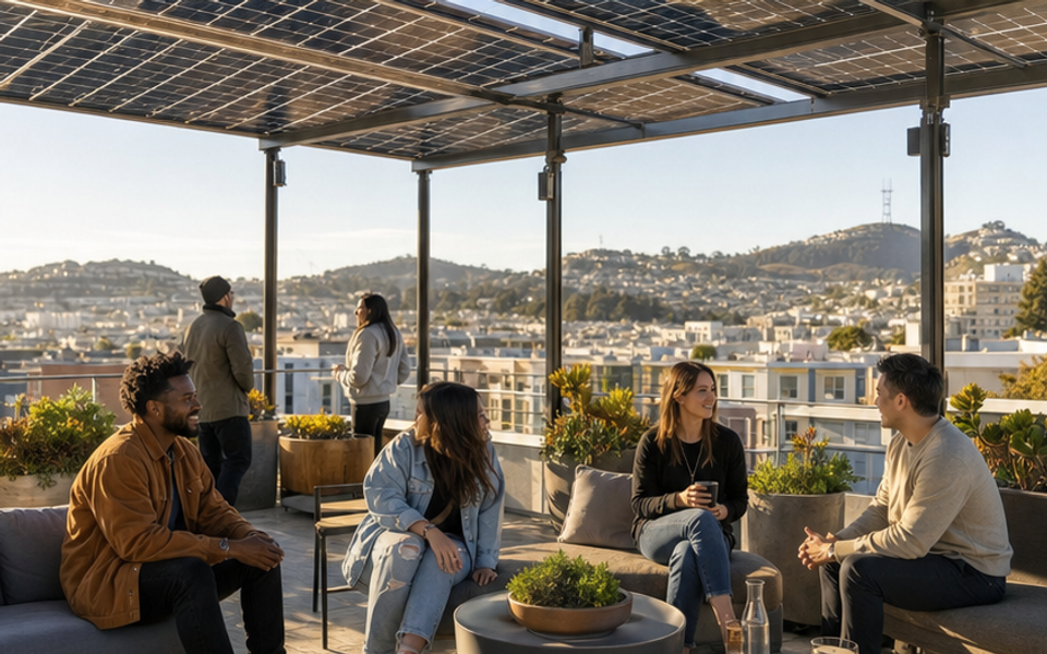 Residents gather beneath shared solar panels on a San Francisco rooftop terrace