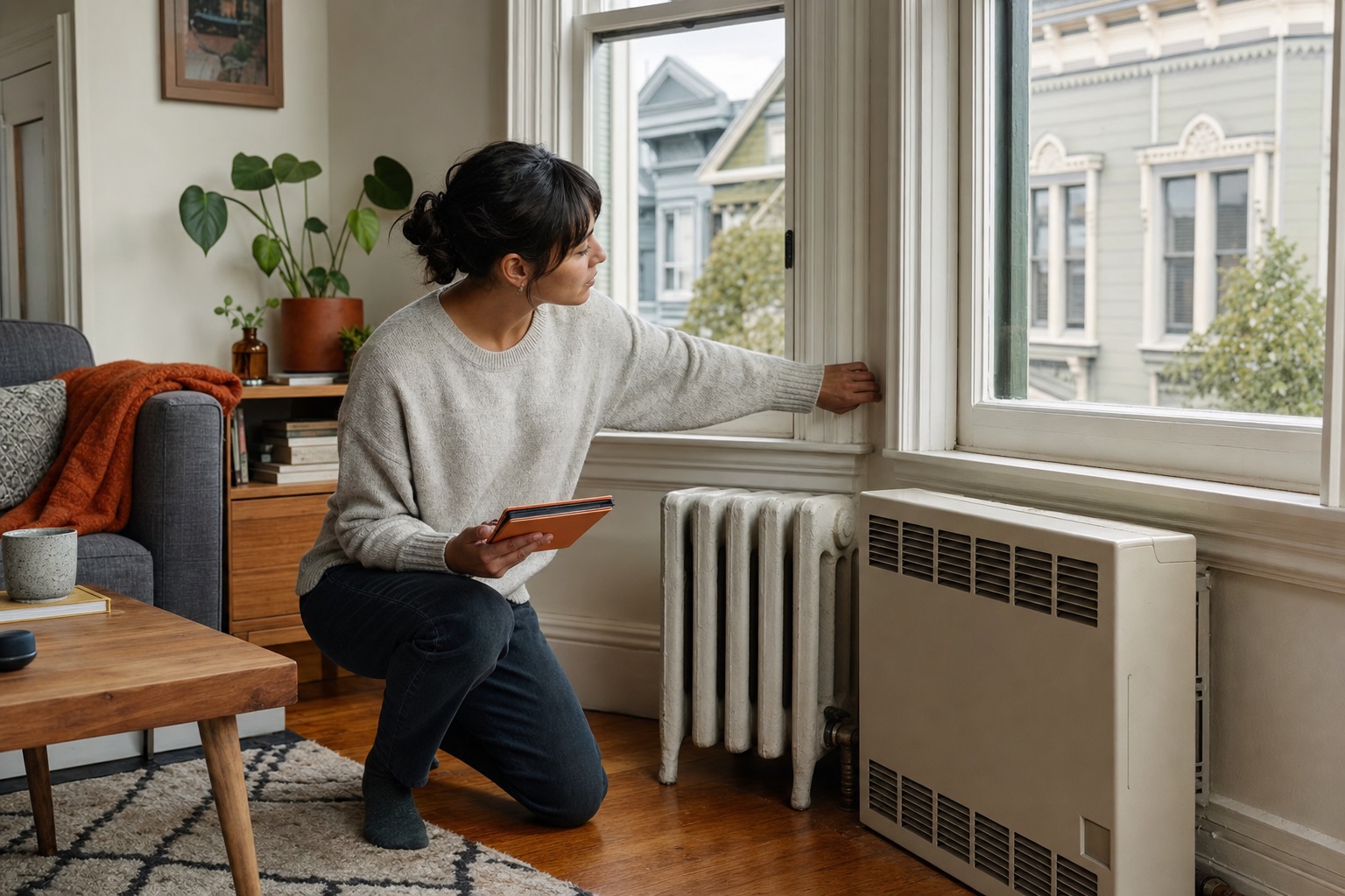San Francisco renter checking a drafty bay window and older heating equipment while taking notes