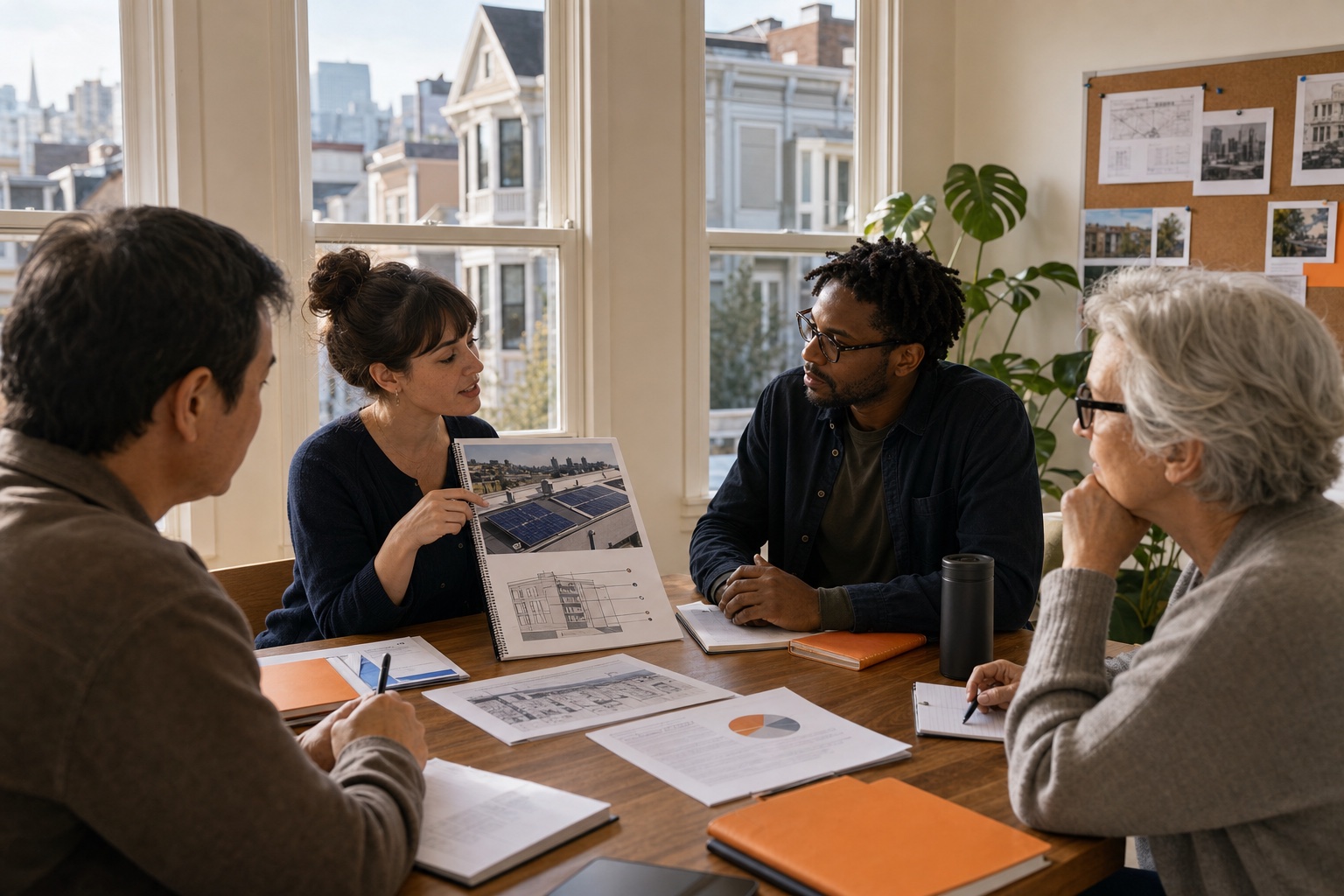 San Francisco residents presenting a rooftop solar and building upgrade proposal to an HOA board