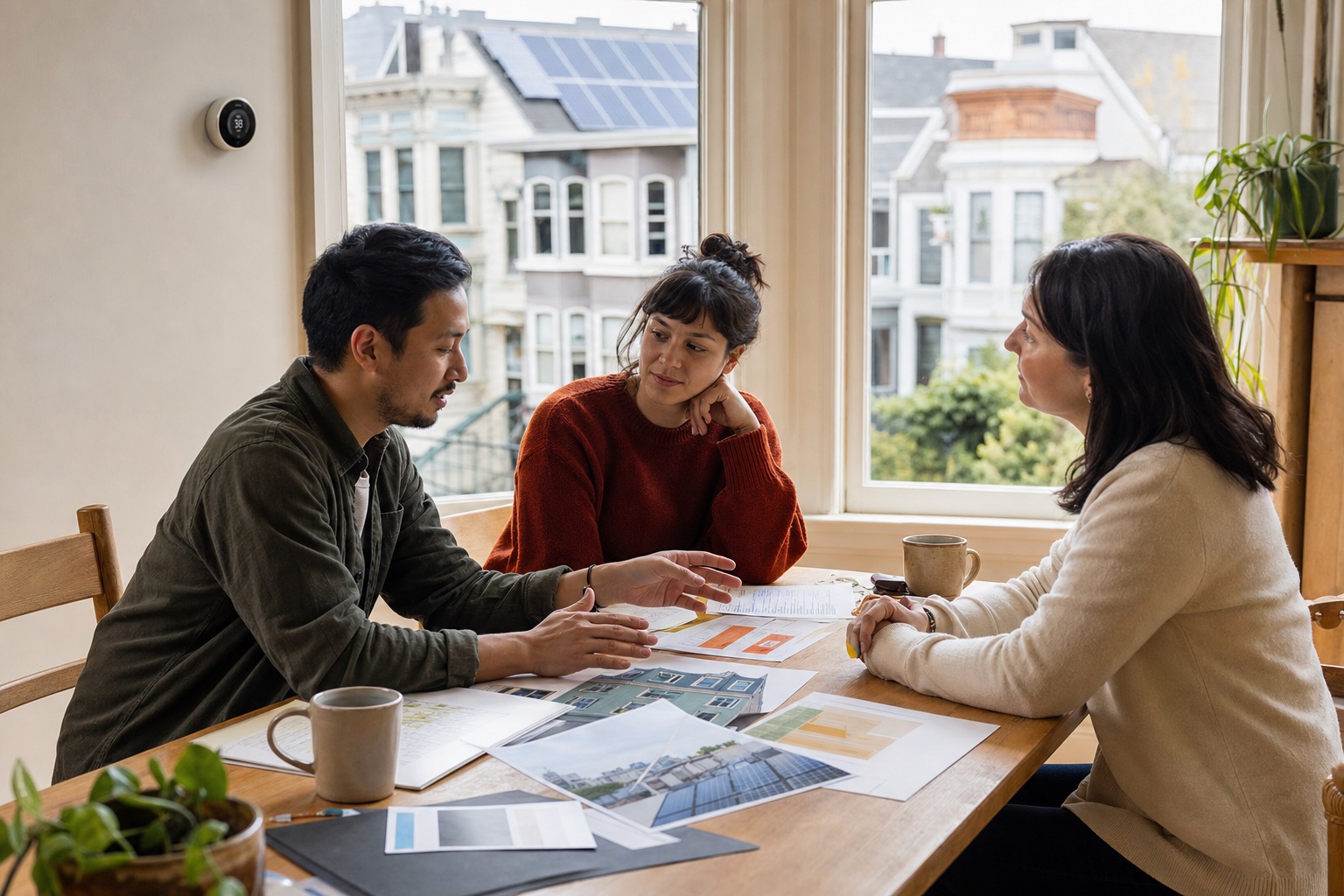 Renters and a property manager reviewing a documented San Francisco building energy proposal together