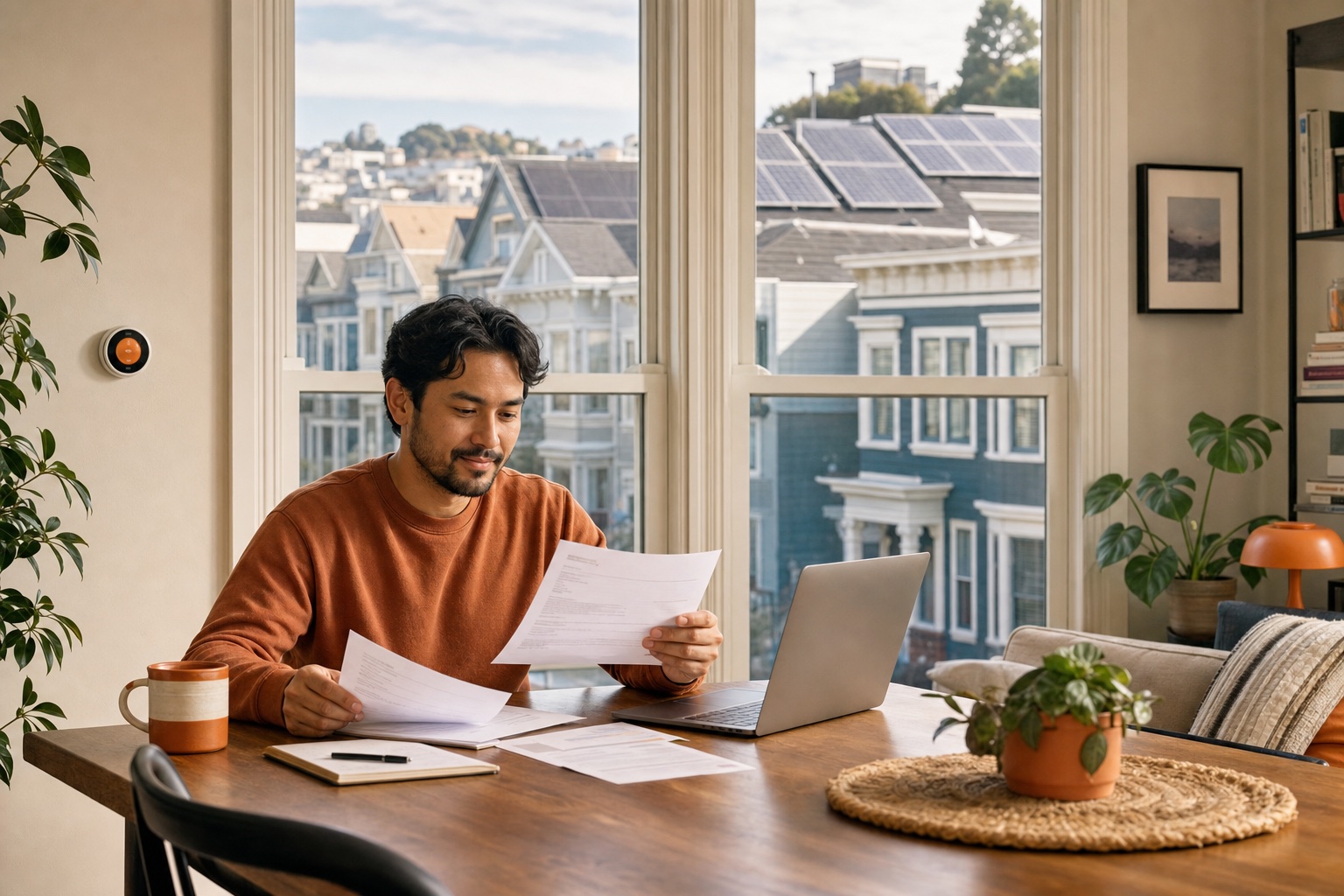 San Francisco renter reviewing energy bills and financing information in an efficient apartment with rooftop solar visible outside